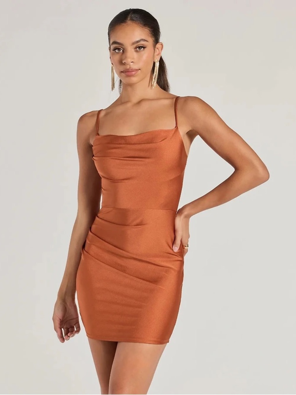 Satin Cowl Neck Slip Mini Dress - Copper, burnt orange, rust